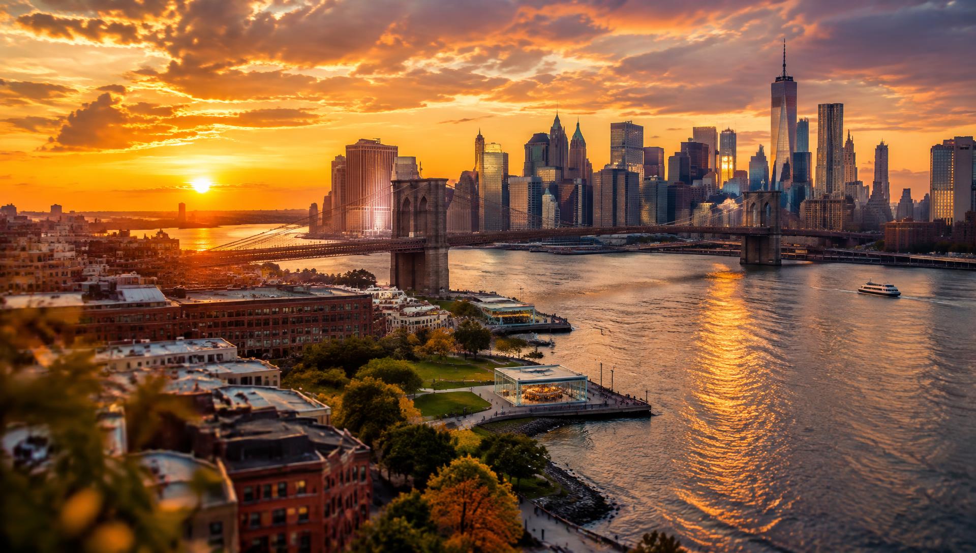 Aerial view of the Brooklyn Bridge and Lower Manhattan skyline at sunset